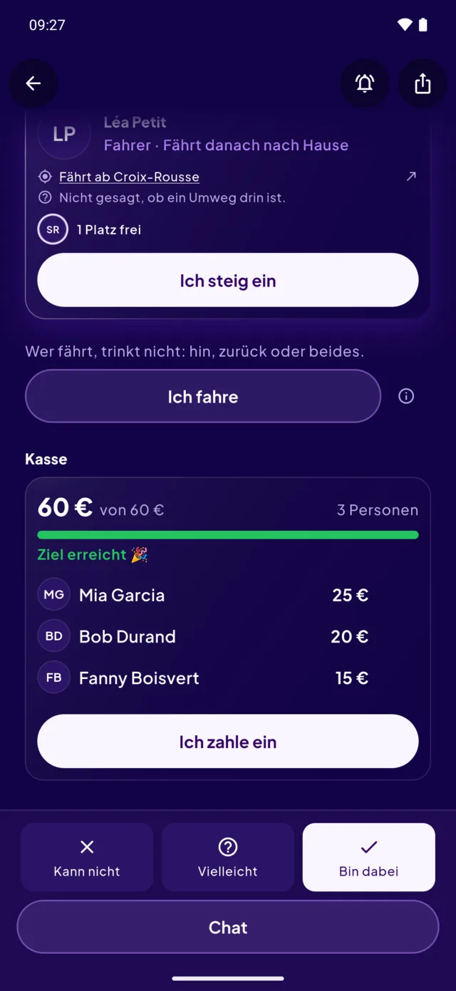 Die Kasse: sechzig von sechzig Euro, Ziel erreicht, und die Aufteilung pro Person.