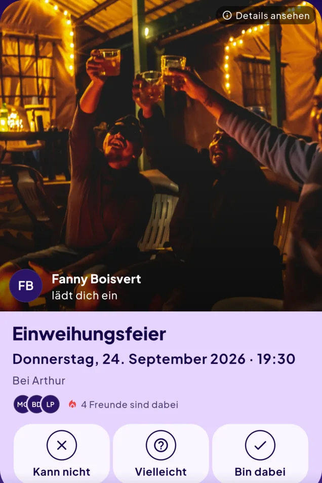 Einladungskarte zur Einweihungsfeier am Donnerstag, 24. September 2026 um 19:30 Uhr bei Arthur, verschickt von Fanny Boisvert — vier Freunde sind schon dabei.