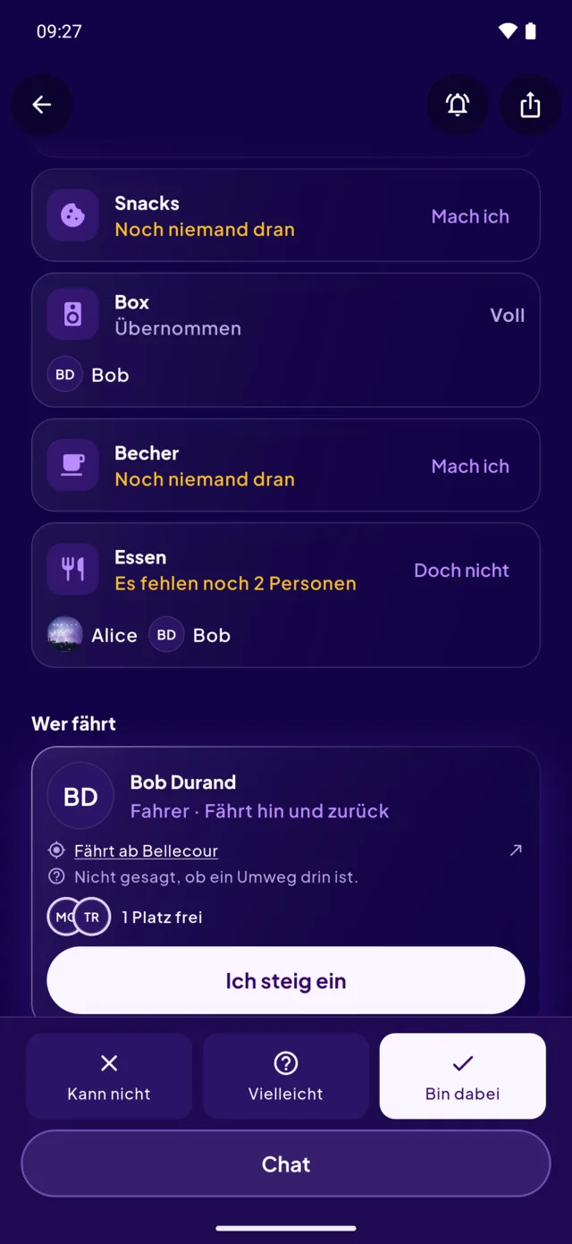 Eine Eventseite: wer bringt was mit, und wer fährt.