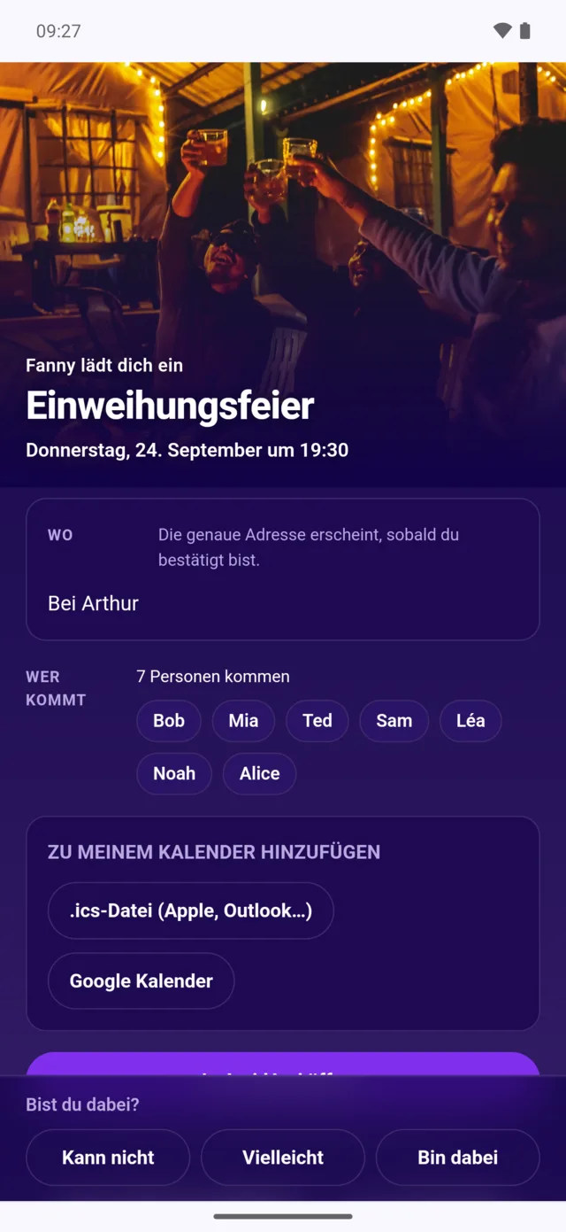 Die Webseite einer Einladung, im Browser geöffnet: „Fanny lädt dich ein — Einweihungsfeier“, mit den Zusagen und den drei Antworten unten.