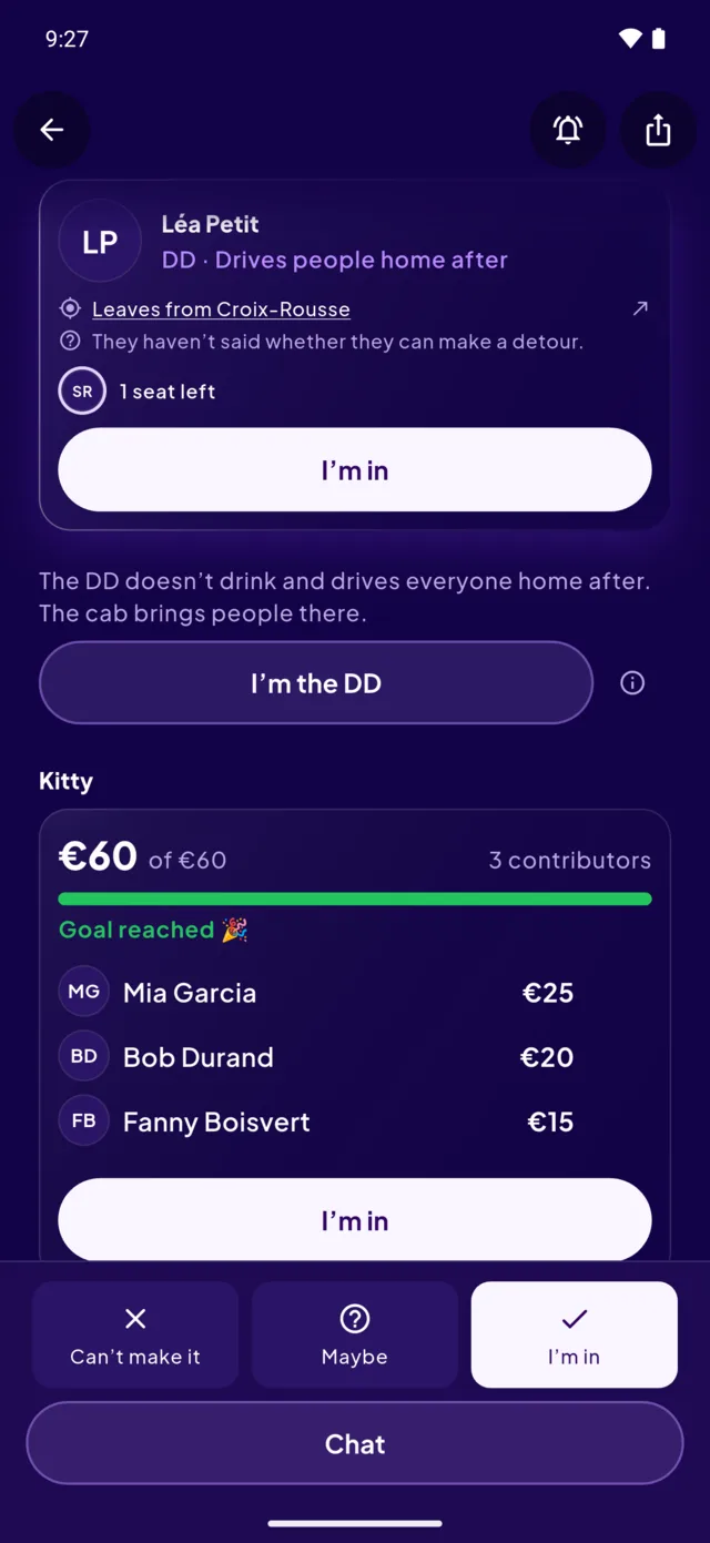 The kitty: sixty euros out of sixty, target reached, and the breakdown per person.
