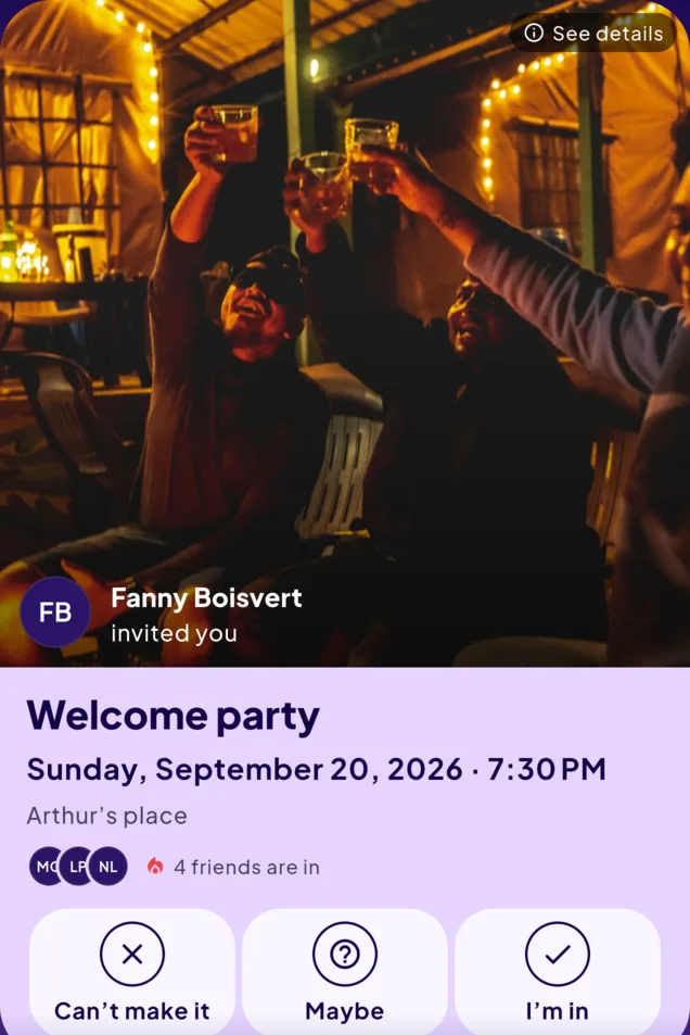 Invitation card for the welcome party on Sunday 20 September 2026 at 7:30 pm, at Arthur’s place, sent by Fanny Boisvert — four friends are already going.