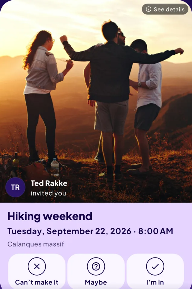 Invitation card for the hiking weekend on Tuesday 22 September 2026 at 8 am, in the Calanques, sent by Ted Rakke.