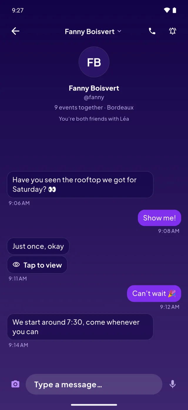 A private chat where a view-once photo shows up as “Tap to view”.