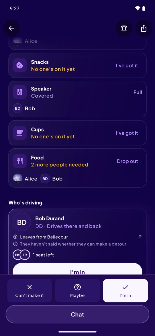 A party page: who brings what, and who’s driving.