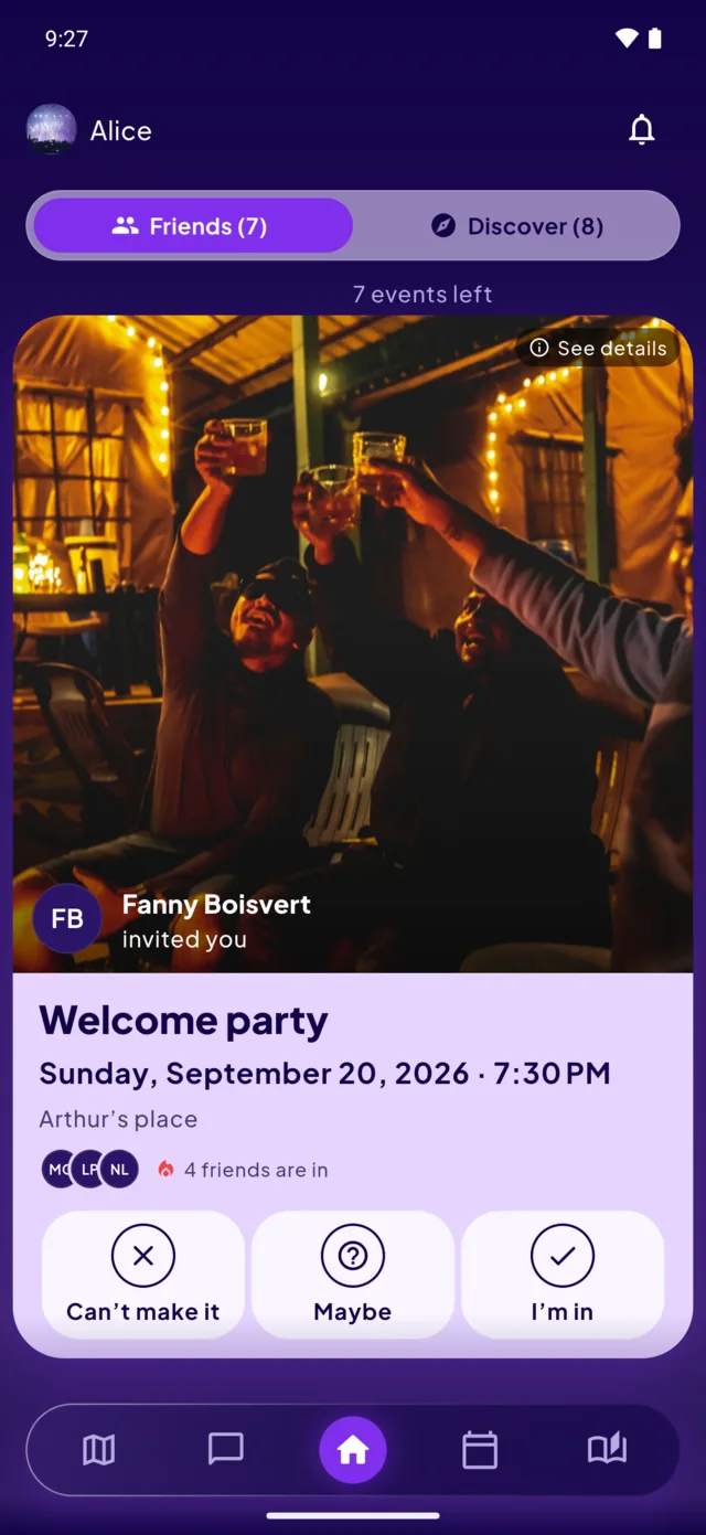 The AmidAmi home screen: an invitation to a welcome party, with the three answers — can’t make it, maybe, I’m in.