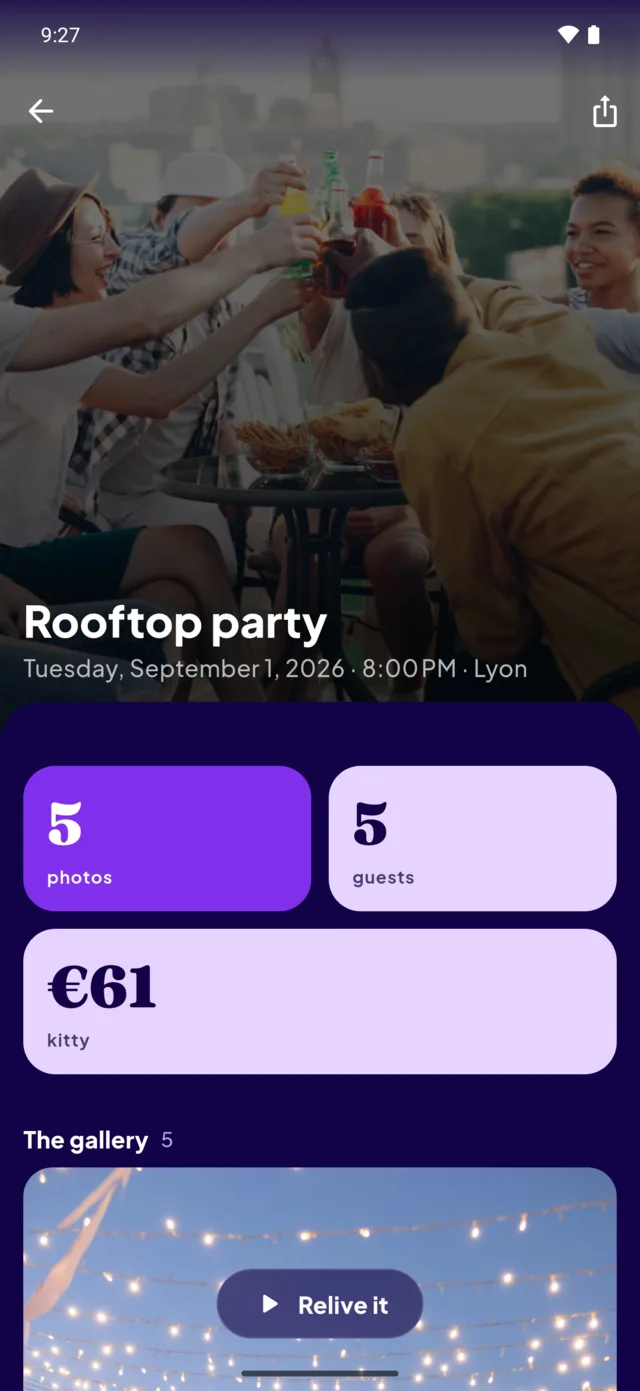 The recap of the rooftop party: five photos, five guests, sixty-one euros in the kitty.