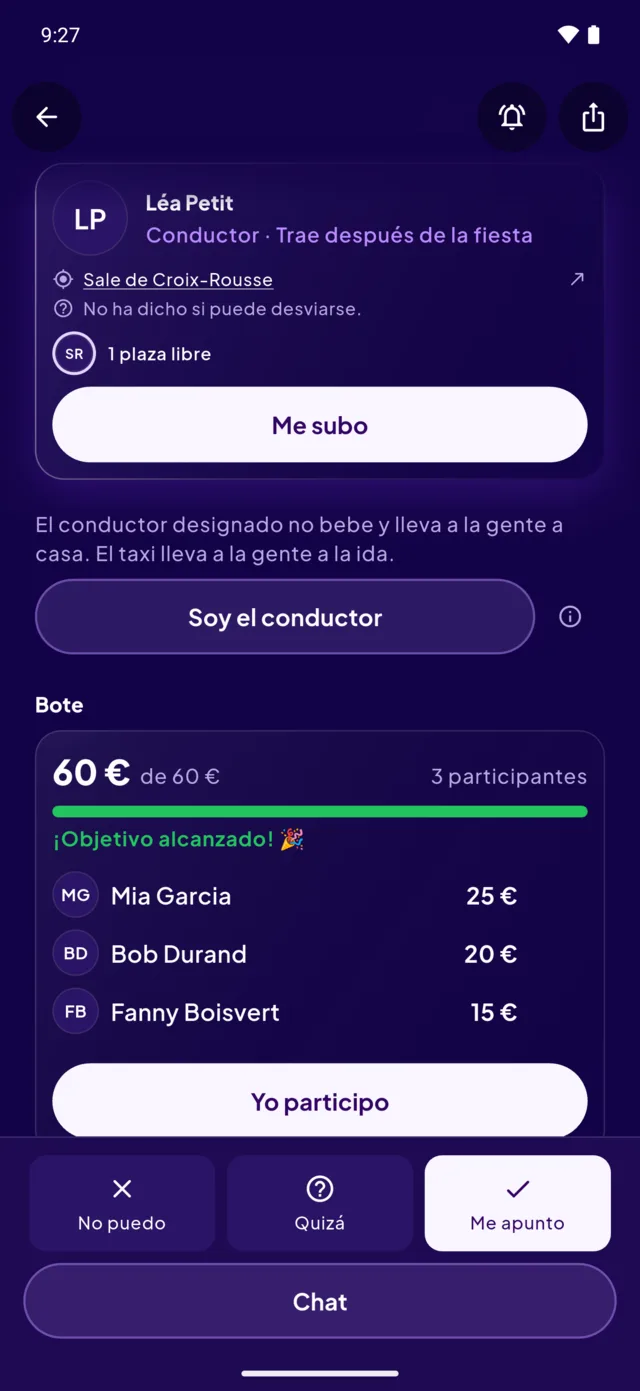El bote: sesenta euros sobre sesenta, objetivo cumplido, y el detalle por persona.