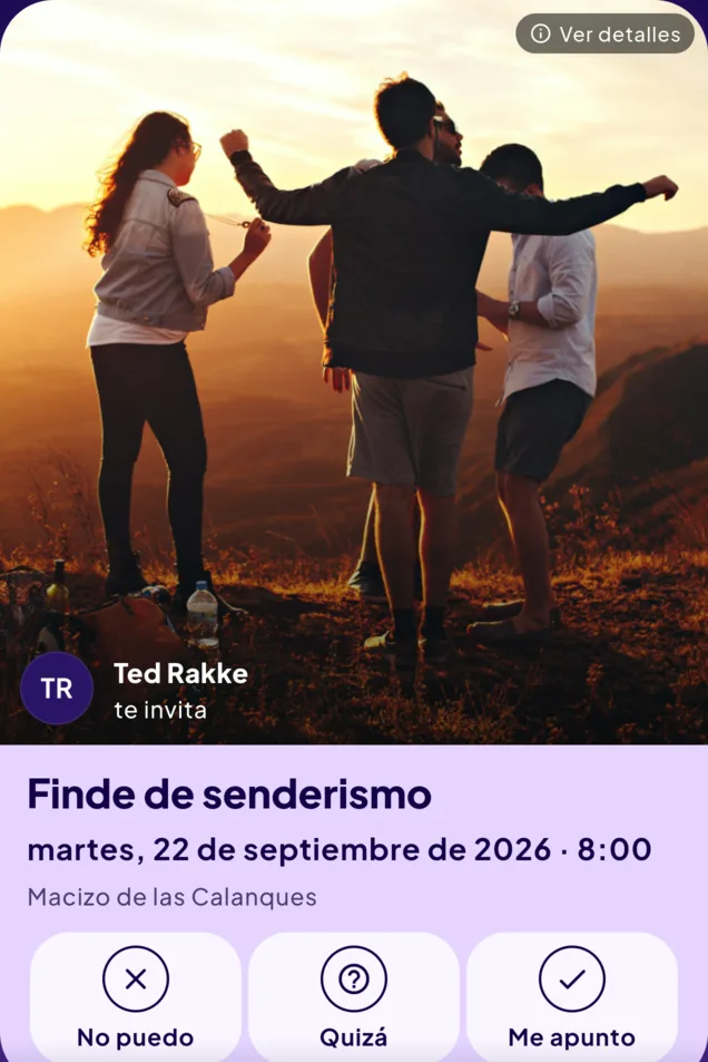 Tarjeta de invitación al finde de senderismo del martes 22 de septiembre de 2026 a las 8:00, en el macizo de las Calanques, enviada por Ted Rakke.