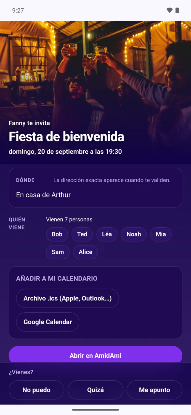 La página web de una invitación, abierta en un navegador: «Fanny te invita — Fiesta de bienvenida», con quién viene y las tres respuestas abajo.