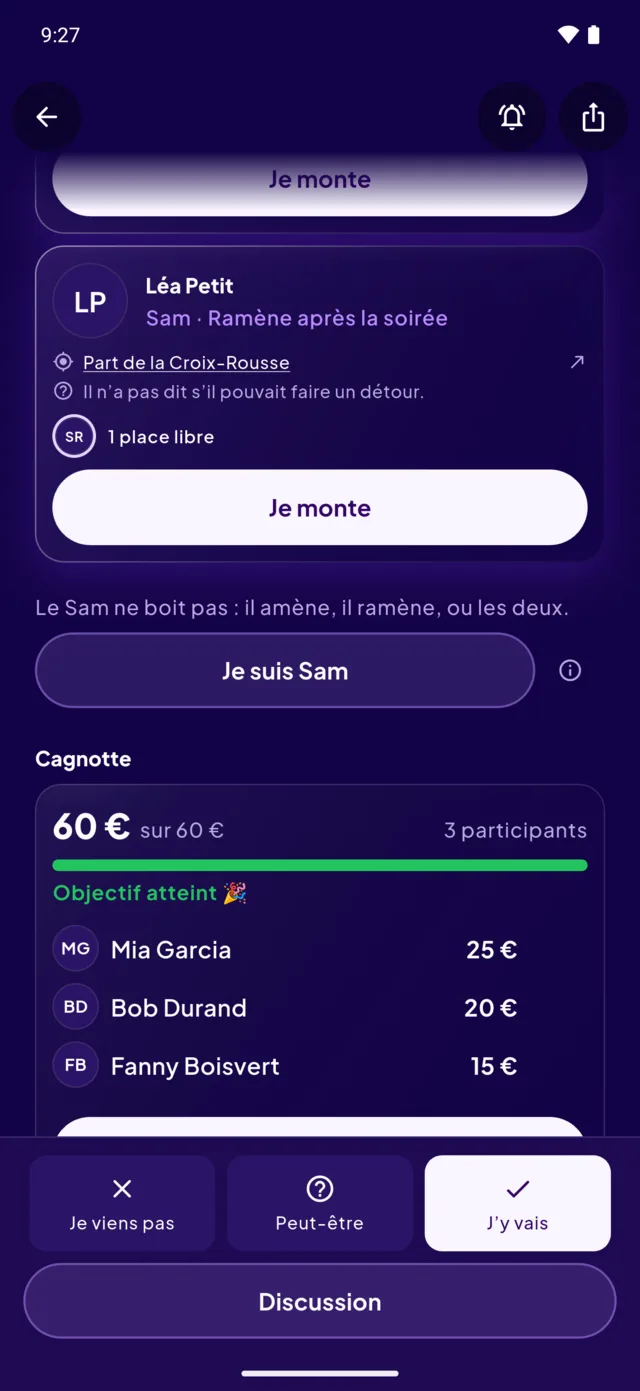 La cagnotte : soixante euros sur soixante, objectif atteint, et le détail par personne.