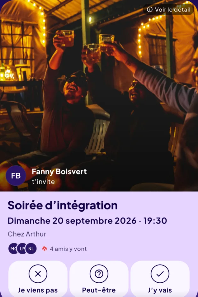 Carte d’invitation à la soirée d’intégration du dimanche 20 septembre 2026 à 19 h 30, chez Arthur, envoyée par Fanny Boisvert — quatre amis y vont déjà.