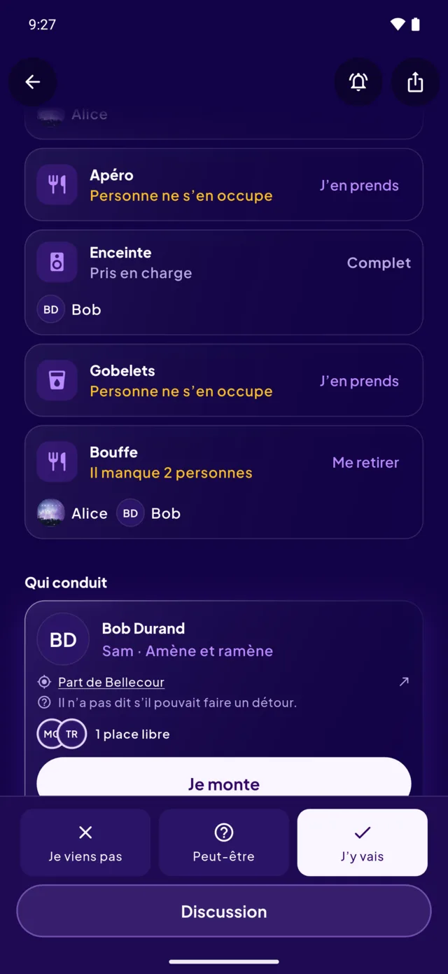 La fiche d’une soirée : ce que chacun apporte, et qui conduit.