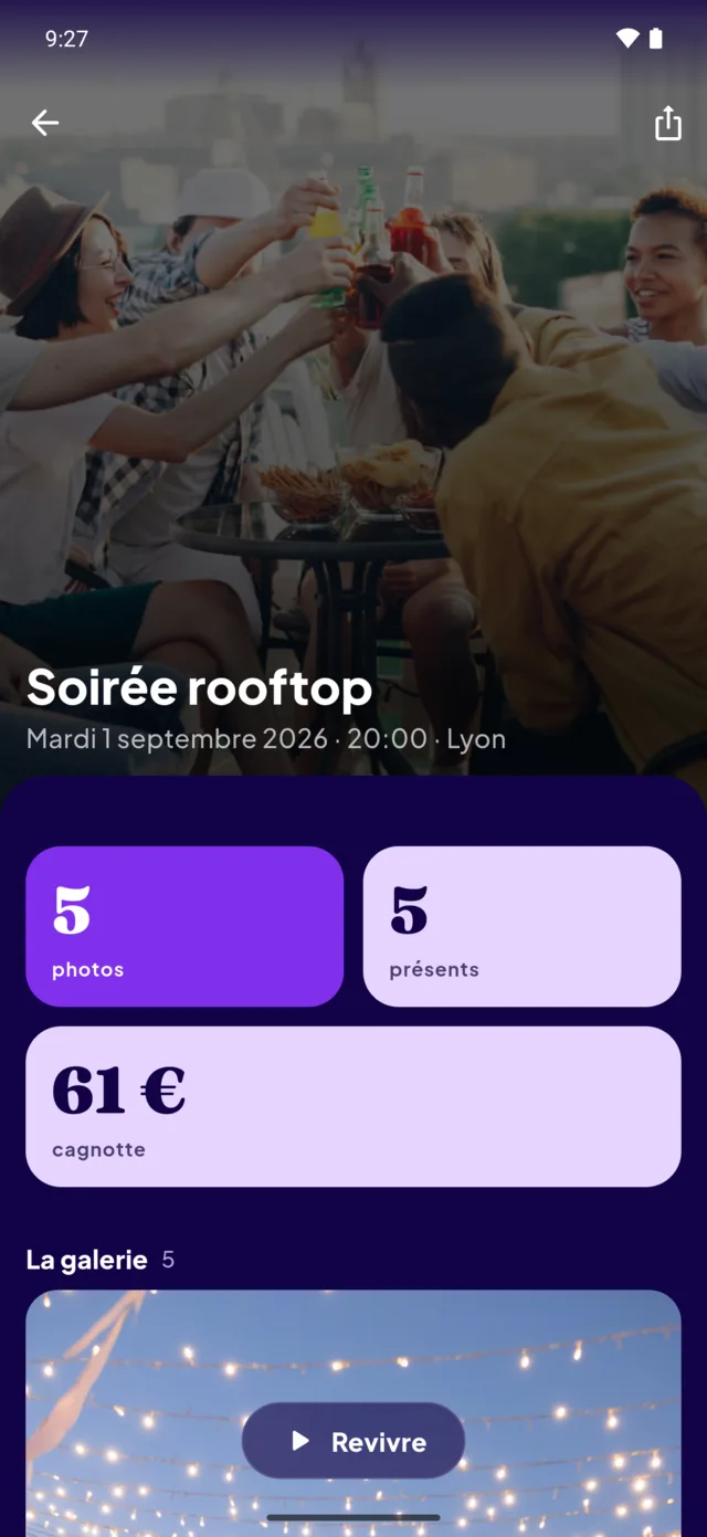 Le récap de la soirée rooftop : cinq photos, cinq présents, soixante et un euros de cagnotte.