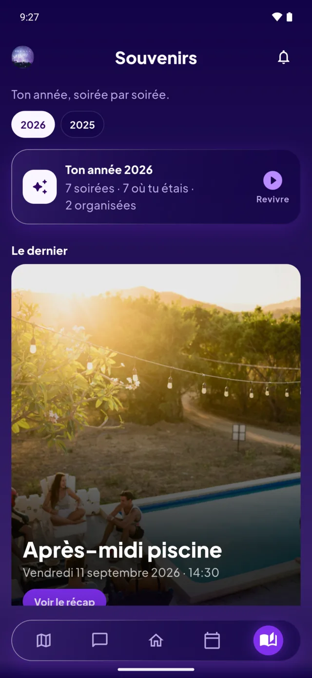 Le hub Souvenirs : « Ton année 2026, sept soirées, sept où tu étais, deux organisées ».