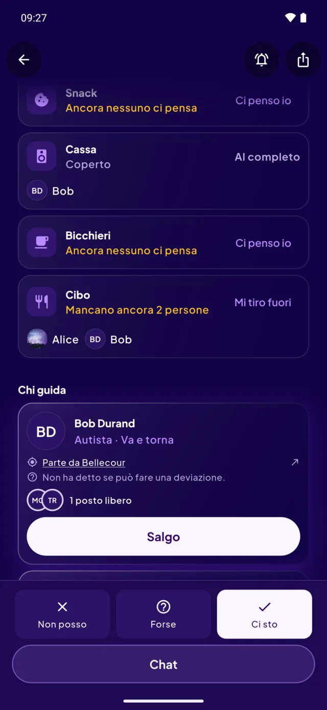 La pagina di una serata: chi porta cosa, e chi guida.