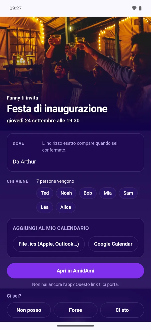 La pagina web di un invito, aperta in un browser: «Fanny ti invita — Festa di inaugurazione», con chi viene e le tre risposte in fondo.