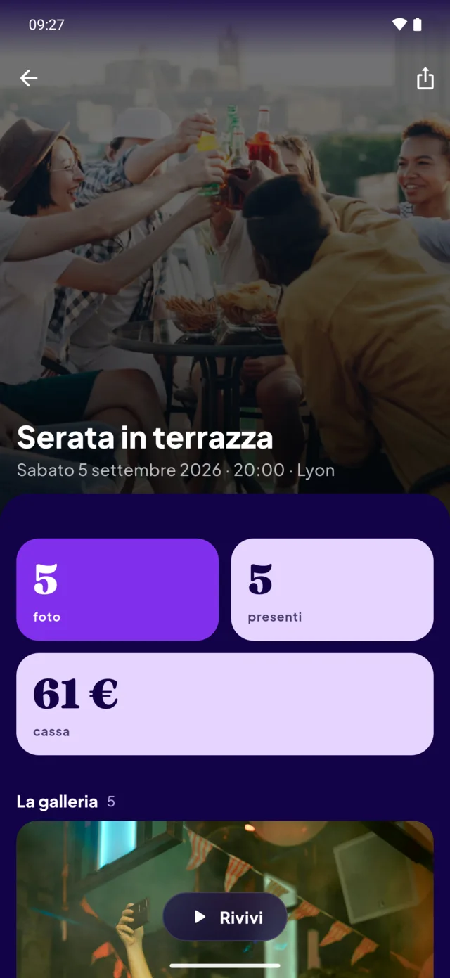Il recap della serata in terrazza: cinque foto, cinque presenti, sessantun euro nella cassa comune.