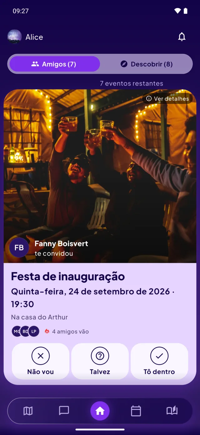 A tela inicial do AmidAmi: um convite para uma festa de inauguração, com as três respostas — não vou, talvez, tô dentro.