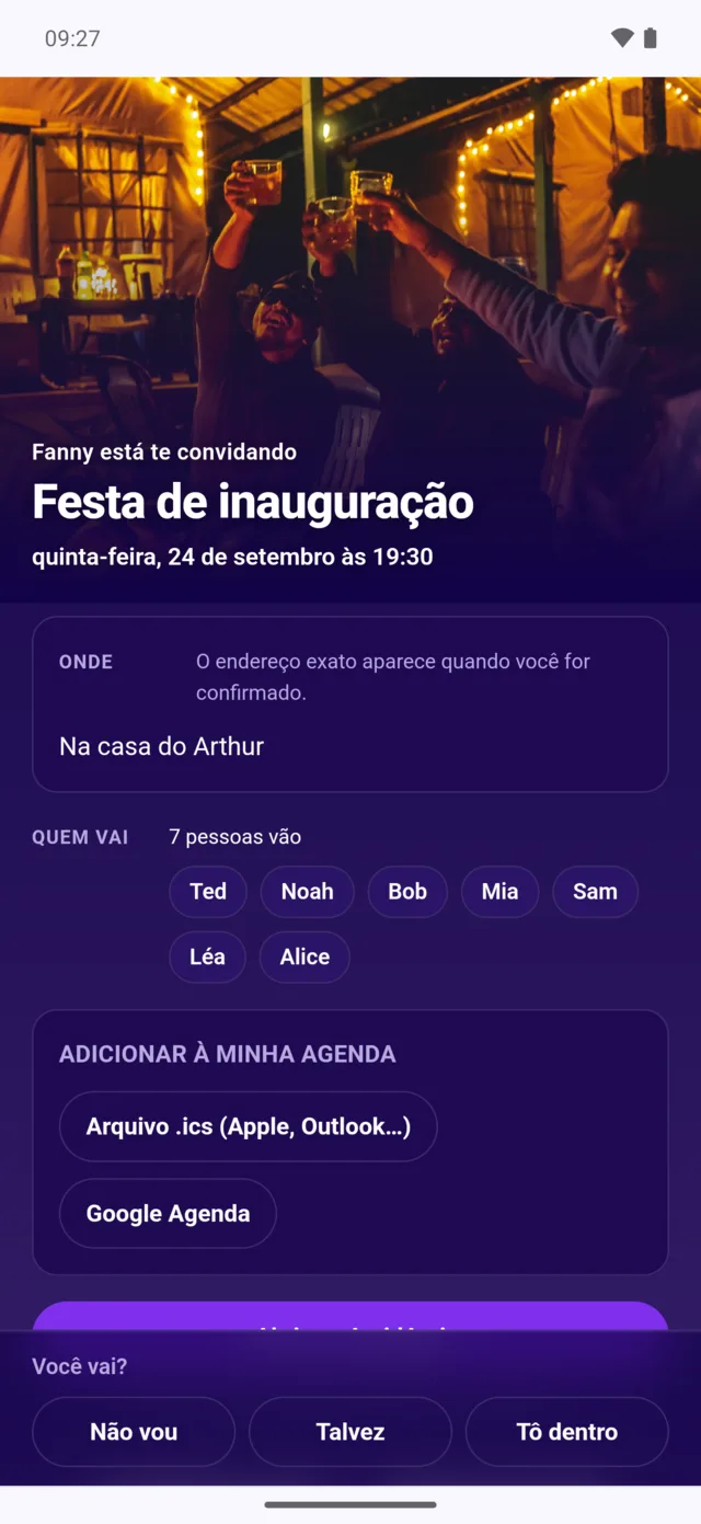 A página web de um convite, aberta num navegador: “Fanny está te convidando — Festa de inauguração”, com quem vai e as três respostas embaixo.
