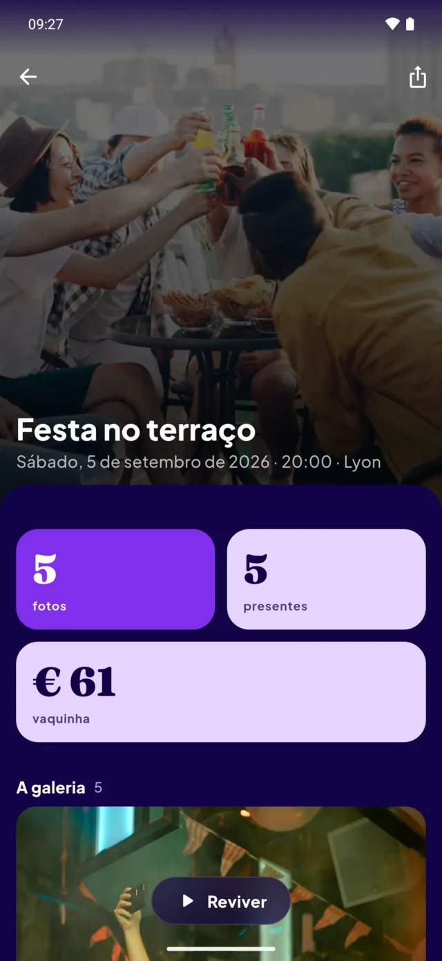 A retrospectiva da festa no terraço: cinco fotos, cinco presentes, sessenta e um euros na vaquinha.